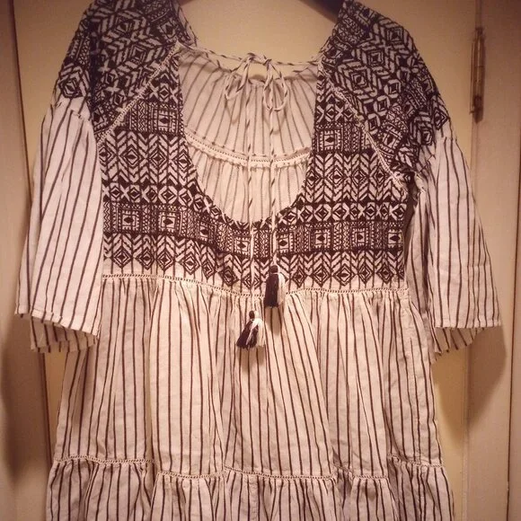 Free people Lola embroidered mini dress striped tier open back blk & wte M - Picture 4 of 11